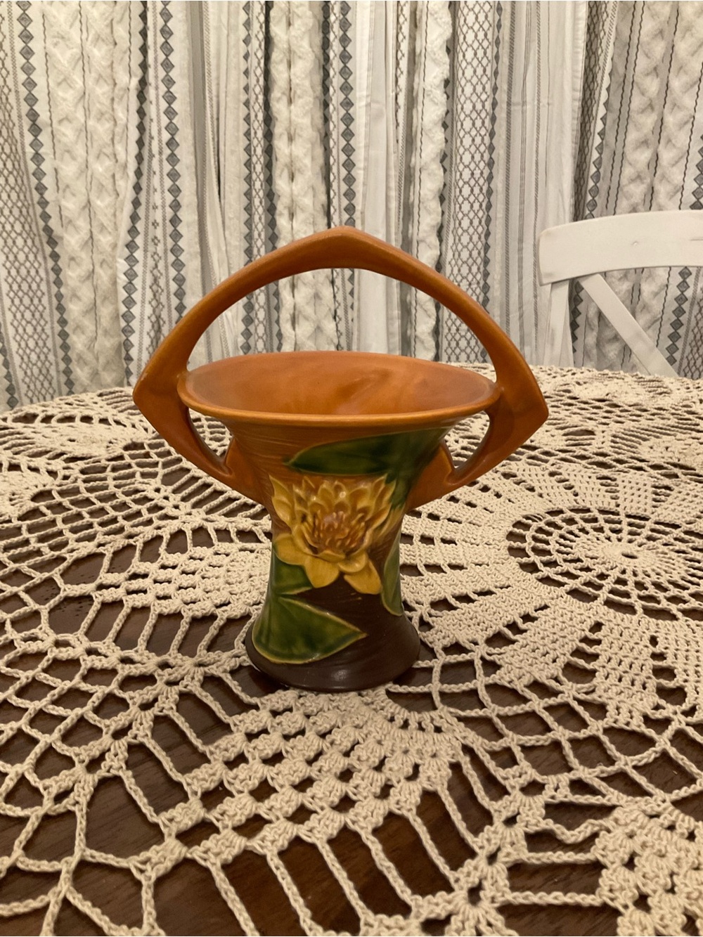 Vintage Roseville Pottery Water Lily Basket Vase 380-8 Brown 1940s